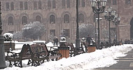 Yerevan, winter, street lamps, benches